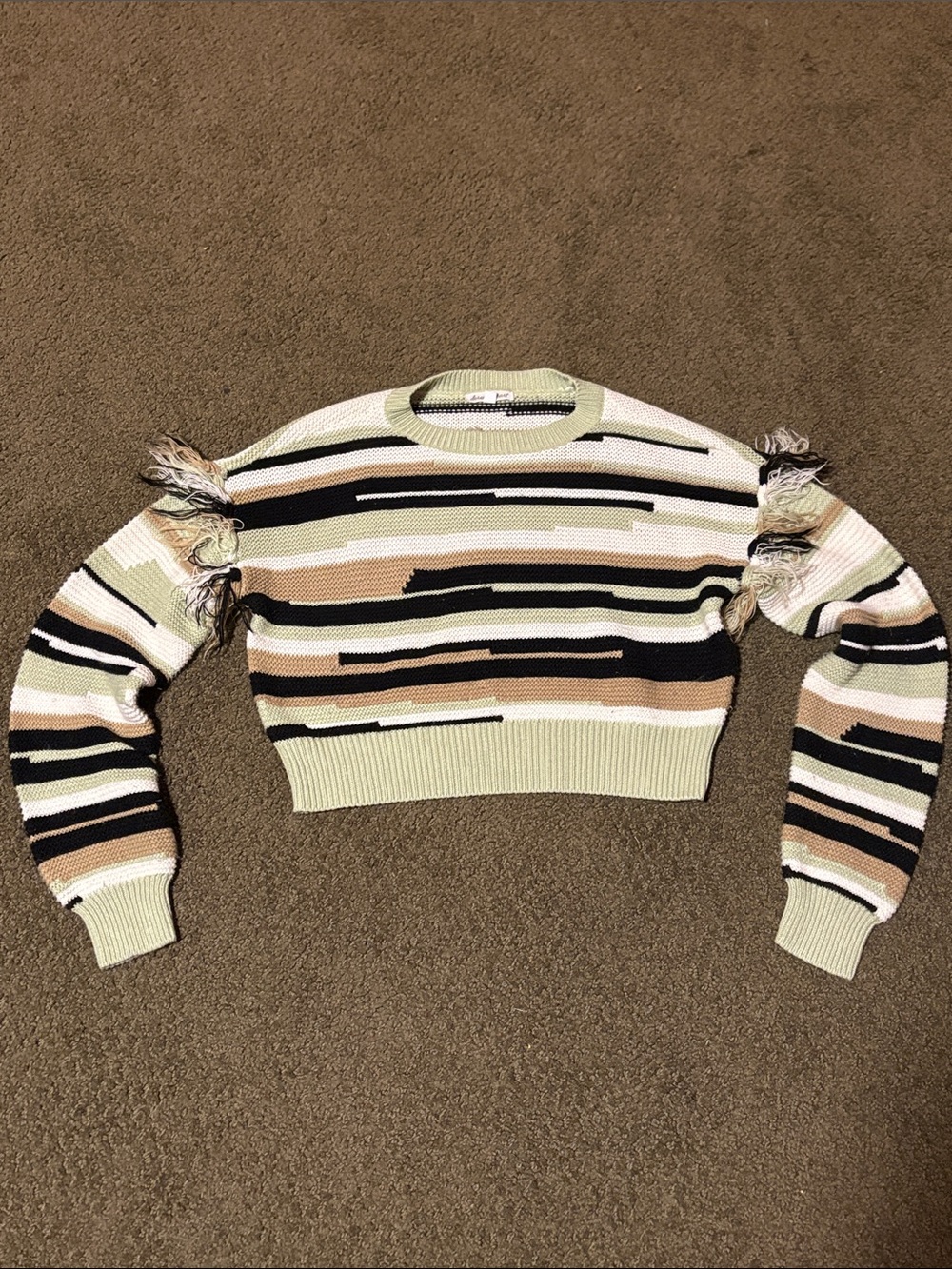 Striped Fringe Detail Cropped Sweater in Light Green, Black & Tan